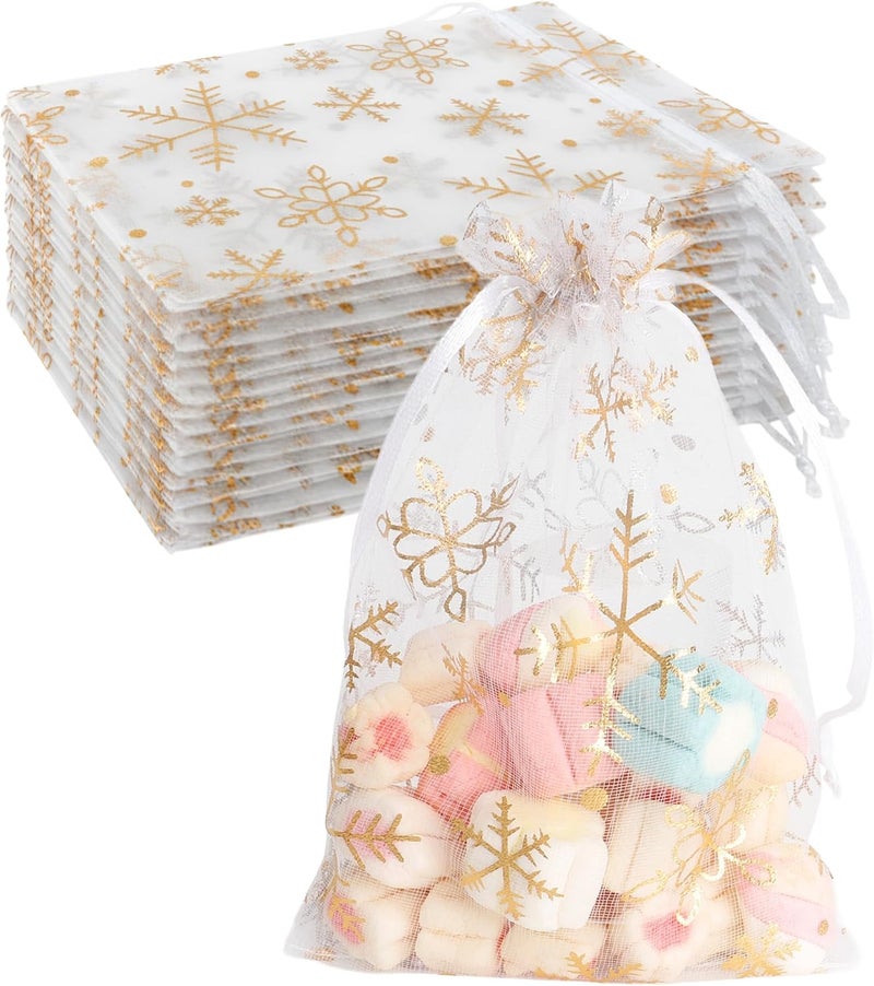 BOEIAC Snowflake Organza Bags, 100 PCS Christmas Sheer Organza Bags with Drawstring 4 x 6 inch, Jewelry Gift Bag, Gold Small Mesh Goodies Xmas Wedding Favor Mini Candy Pouches Bag for Christmas Party Favors - Image 1